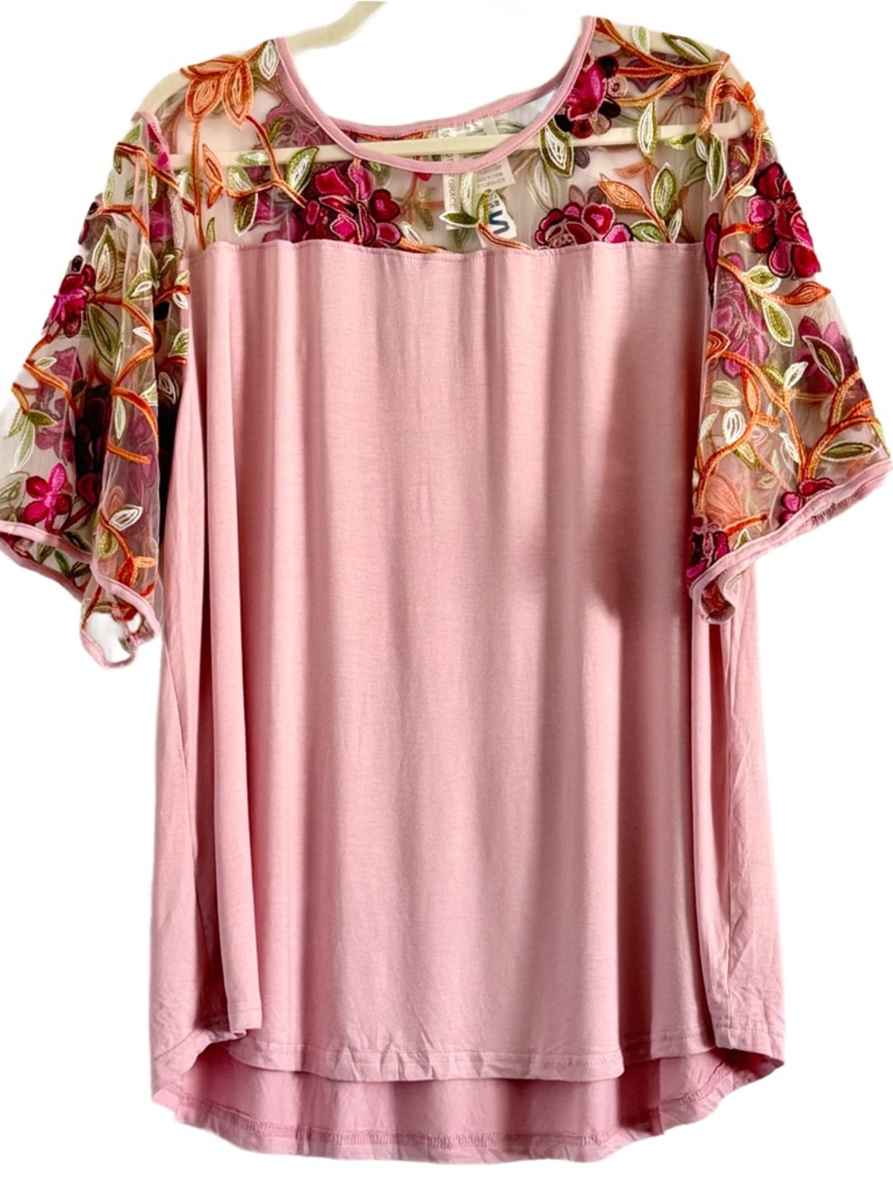 Forgotten Grace Pink Embroidered Mesh Yoke Top 1X